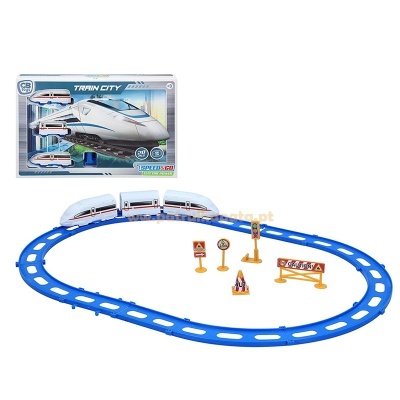Conjunto de comboio elétrico de brinquedo Train City com pista oval azul, comboio branco e sinais de trânsito pequenos