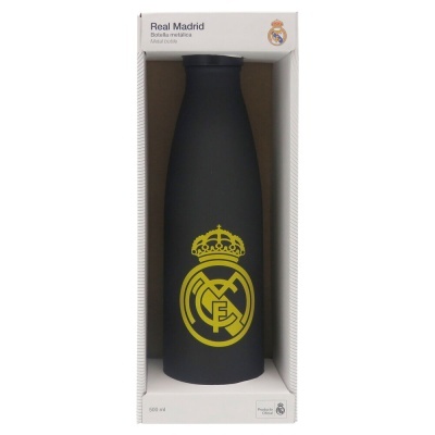 Garrafa metálica preta do Real Madrid com emblema amarelo na embalagem branca