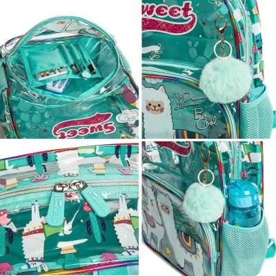 Mochila transparente com padrão de lhamas e chaveiro pompom