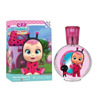 Frasco e embalagem rosa de eau de toilette Cry Babies Magic Tears com bebé vestido de joaninha