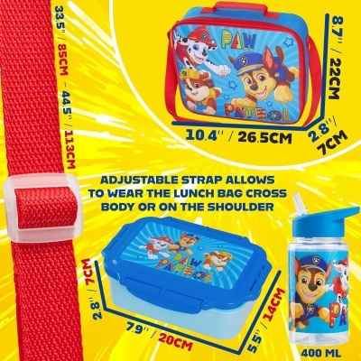 Lancheira, marmita e garrafa infantil com temas de PAW PATROL azuis e vermelhos.