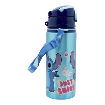 Garrafa metálica azul com personagem Stitch e texto 'JUST CHILL'