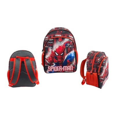 Mochila infantil Spider-Man vermelha, azul e preta com alças acolchoadas e bolsa lateral de rede.