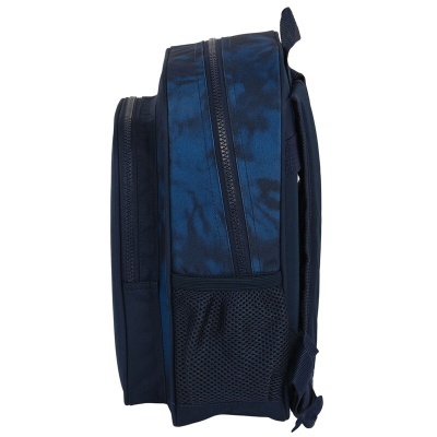mochila azul escura com bolsos e alças acolchoadas vista lateral
