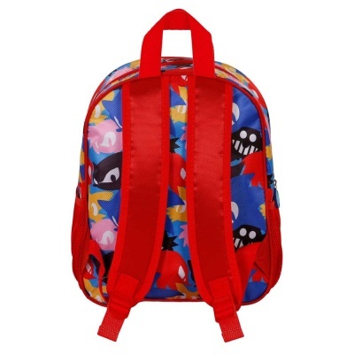 Mochila infantil colorida com alças vermelhas e padrão abstrato com olhos