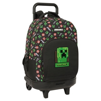 Mochila de carrinho Minecraft preta com desenhos verdes e vermelhos e alça extensível