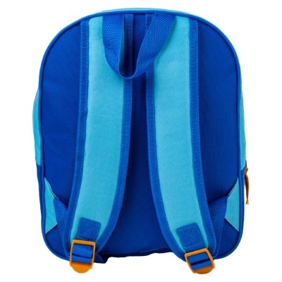 Mochila azul com alças bicolores e fivelas laranjas vista de trás