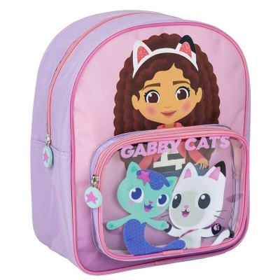 Mochila infantil lilás e rosa com personagens Gabby Cats no bolso transparente