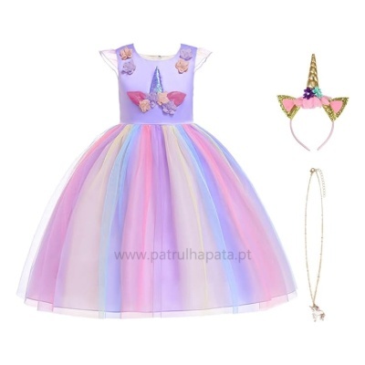 Vestido infantil lilás com saia colorida de tule, tiara de unicórnio e colar