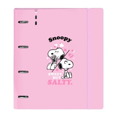 Caderno rosa com ilustração Snoopy e texto na capa