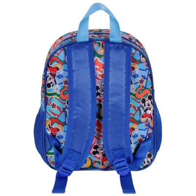Mochila infantil azul com padrão colorido de Mickey Mouse