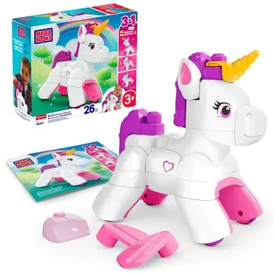 Brinquedo unicórnio Mega Bloks branco, rosa, lilás e amarelo com caixa e manual
