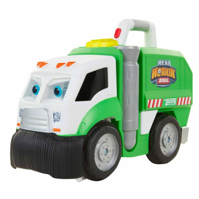 Carrinho de brinquedo verde e branco com olhos e texto Real Workin Buddies.