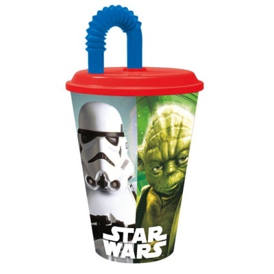 Copo Star Wars com tampa vermelha e canudo azul