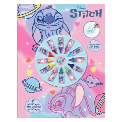Conjunto de 12 mini crayons Disney Stitch com cores variadas e embalagem rosa decorada.