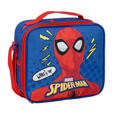 Lancheira Spider-Man vermelha e azul com fecho de correr e alça