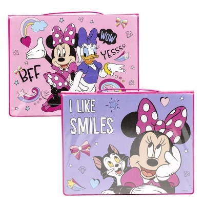 Caixas de armazenamento com tema Minnie rosa e lilás com textos e personagens Disney.
