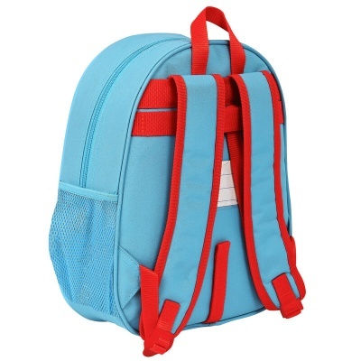 Mochila infantil azul clara com alças vermelhas e bolso lateral em rede.