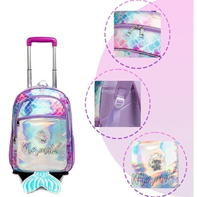 Mala de viagem infantil holográfica com padrão escamas e cauda de sereia azul.