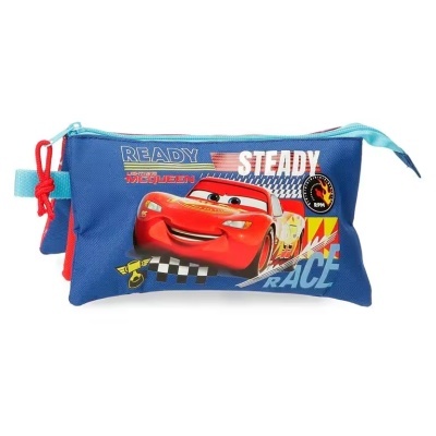 Necessaire azul com personagem Relâmpago McQueen e textos em destaque