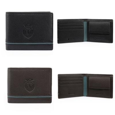Carteiras em pele preta e castanha com faixa azul e relevo SCP