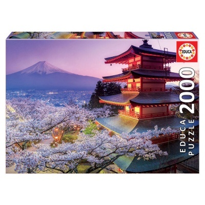 Caixa de puzzle EDUCA 2000 peças com imagem de pagode japonesa e montanha Fuji.