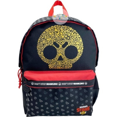 mochila preta e vermelha Brawl Stars com caveira amarela e bolso frontal