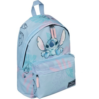 Mochila azul clara estampada com personagem Stitch e folhas