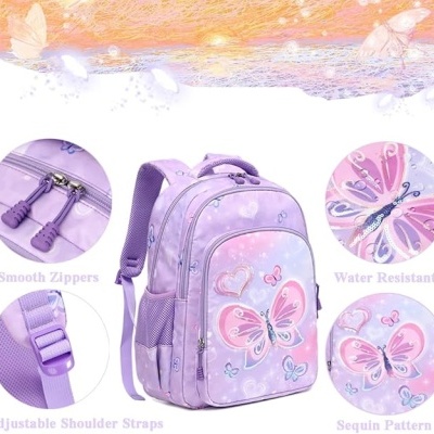Mochila cor-de-rosa lilás com borboletas e corações, zíper e alças ajustáveis