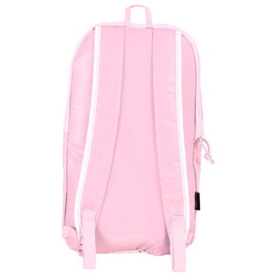 Mochila cor-de-rosa clara vista de trás com alças ajustáveis e detalhes em branco.