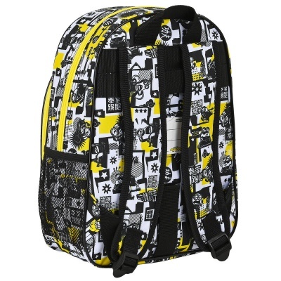 Mochila com padrão gráfico em preto, branco e amarelo com alças de tecido preto