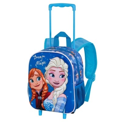 Mochila de rodinhas azul com personagens de Frozen e texto 