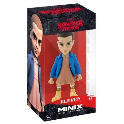 Boneco colecionável Eleven da Stranger Things com casaco azul e vestido rosa