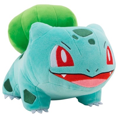 Pelúcia azul claro com manchas verdes e olhos vermelhos do personagem Bulbasaur