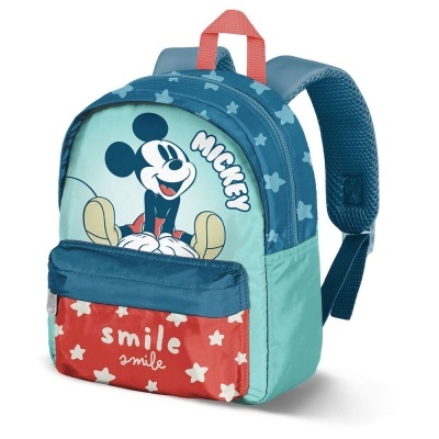 Mochila infantil azul e vermelha com estampa do Mickey Mouse e texto smile