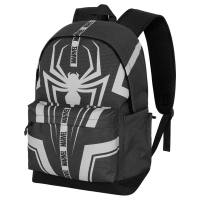 Mochila preta com padrão de aranha branca e inscrições MARVEL