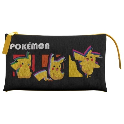 Necessaire preta com Pikachus e texto POKÉMON