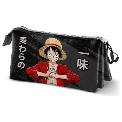 Estojo preto com personagem de anime e texto japonês
