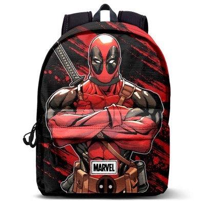 Mochila preta e vermelha com estampa do Deadpool da Marvel