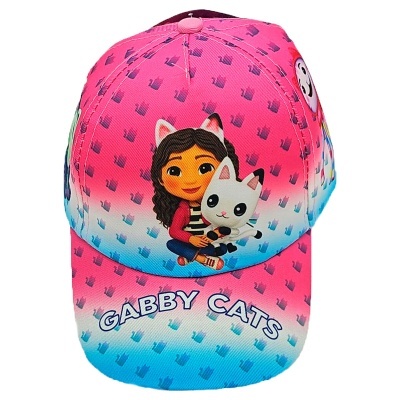 Boné rosa e azul com personagem animada e gato e texto GABBY CATS