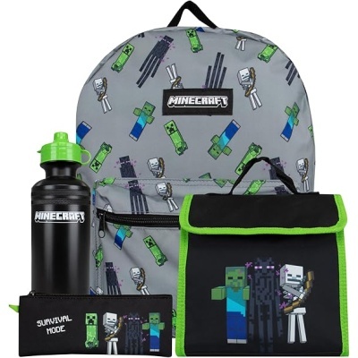 Conjunto mochila, garrafa, estojo e bolsa com tema Minecraft em cinza, preto e verde.