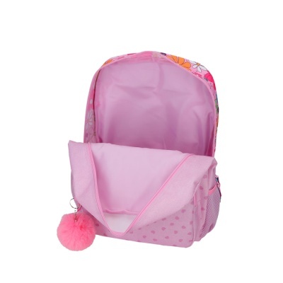 Mochila rosa com padrão floral, bolso com corações e pompom rosa