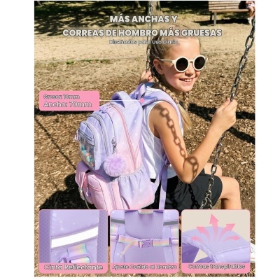 Mochila rosa e lilás de criança com padrão de estrelas e pompom