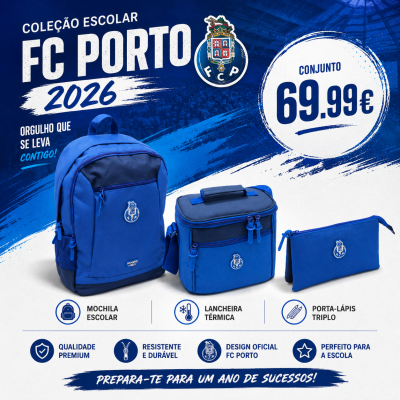 Conjunto escolar FC Porto 2026 com mochila, lancheira térmica e porta-lápis azuis.