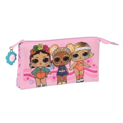 Estojo escolar rosa com desenhos de três bonecas animadas e fecho em forma de flor.