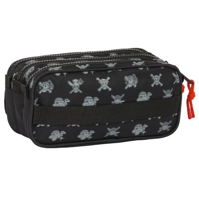 Estojo escolar preto com padrão de caveiras cinzentas e fecho de correr com puxador laranja