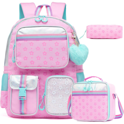 Mochila, lancheira e estojo cor-de-rosa com padrão de estrelas e detalhes prateados e azul-turquesa