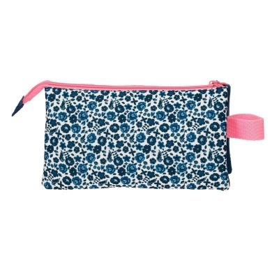 Estojo com padrão floral azul e fecho rosa