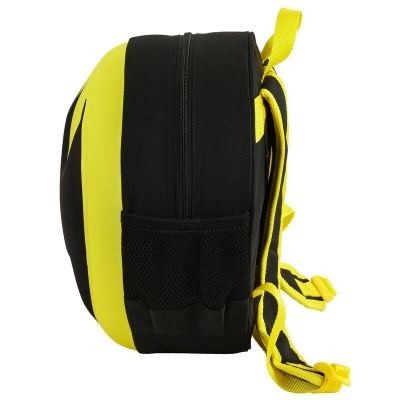 Mochila infantil preta e amarela com alças e bolsos laterais.