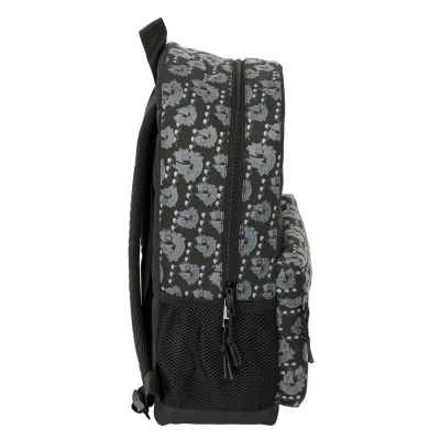 Mochila preta com padrão de navios cinzentos e bolso lateral em malha preta